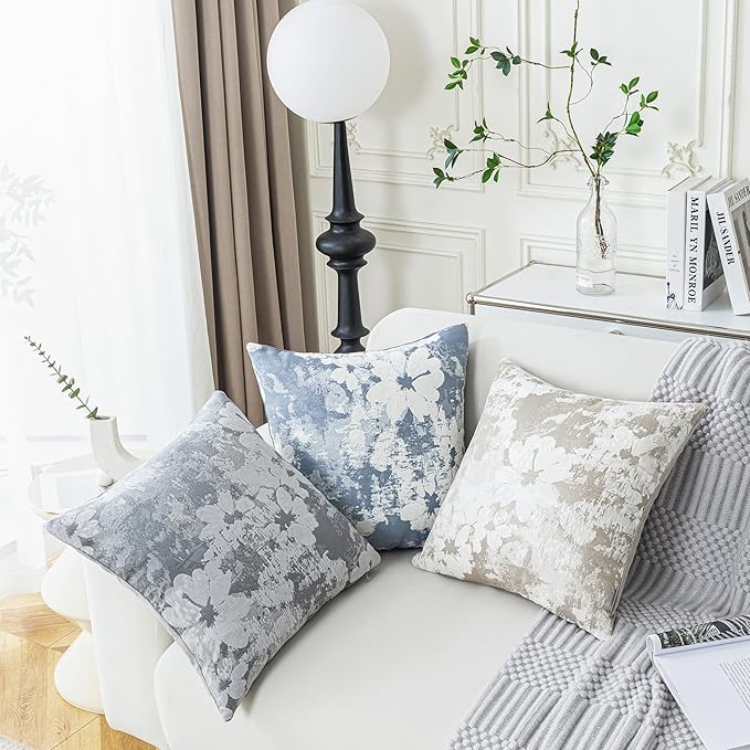 Jacquard Throw Pillow Covers 18x18 Inch Set of 2 - Vintage Floral Boho Pillow Cases with Botanical Pattern | Farmhouse Decor for Couch Living Room | Soft Textured Neutral Trio Slate Gray 18" x 18"