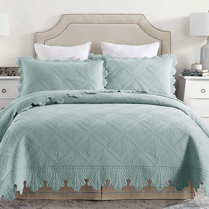 MarCielo 3-Piece 100% Cotton Oversized Bedspread Lightweight Quilt Coverlet Embroidery Farmhouse Bedding Set (Tk Aqua Green, Oversized Queen (100"x106"))