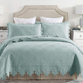 MarCielo 3-Piece 100% Cotton Oversized Bedspread Lightweight Quilt Coverlet Embroidery Farmhouse Bedding Set (Tk Aqua Green, Oversized Queen (100"x106"))