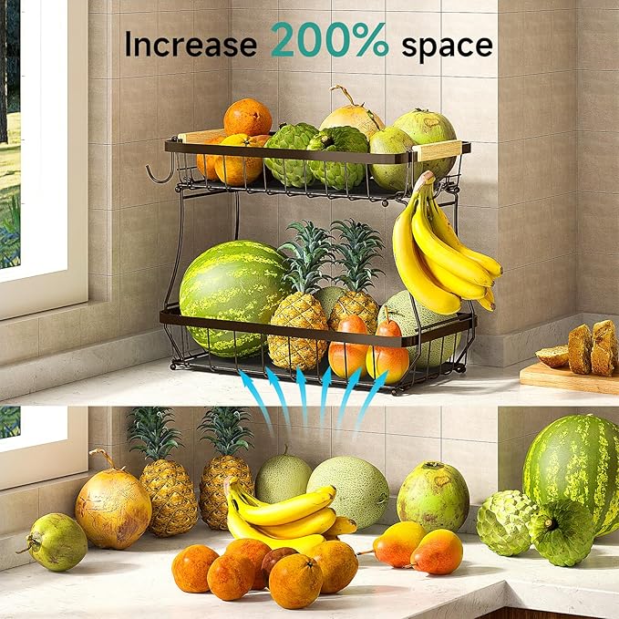 2 Tier Fruit Basket for Kitchen Counter with 2 Banana Hangers, 2025 Pro Detachable Metal Fruit Bowl with Wooden Handle,Fruit Holder for Bread Snack Veggies, Brown