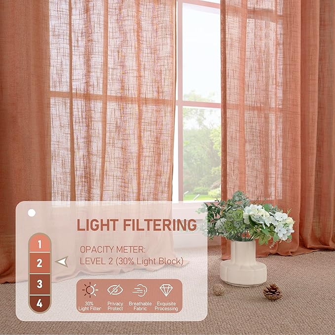 LAMIT Terracotta Linen Sheer Curtains 90 inch for Living Room, Soft Thick Bronze Grommet Light Filtering Boho Window Textured Neutral Fall Decor Drapes for Bedroom, 2 Panels Set, 52 x 90 Inch