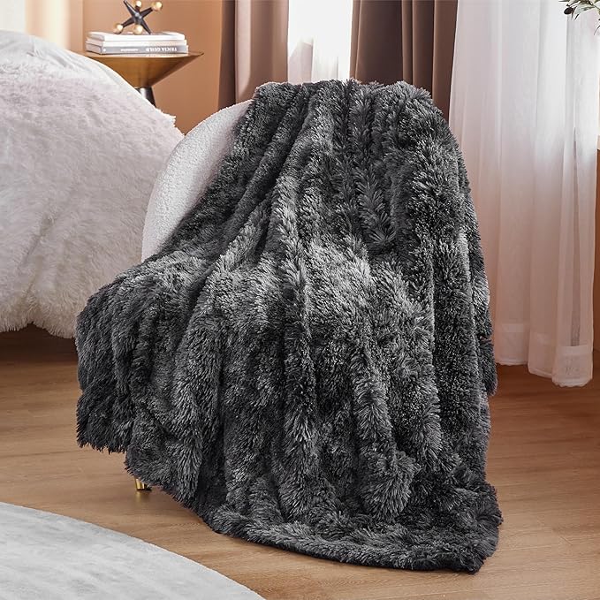 Bedsure GentleSoft Fuzzy Sherpa Faux Fur Twin Blanket Tie Dye Black Cozy Gifts for Boys Girls, Soft Fleece Plush Warm Thick Blanket Twin Size for Bed, Black Room Decor Dorm Essentials Gifts, 60x80