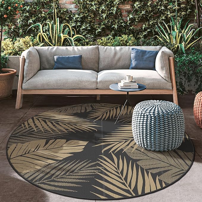 GENIMO Outdoor Rug 8' Round Waterproof for Patios Clearance, Reversible Outdoor Plastic Straw Camping Rug Carpet, Large Area Rugs Mats for RV, Camper, Deck, Balcony, Porch, Beach, Picnic, Black&Brown
