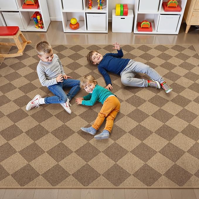 Lahome Checkered Easy Jute Rug 8x10, Washable Rugs for Living Room Dining Room Farmhouse Indoor Outdoor Mat, Neutral Checkerboard Non Slip Black Carpet for Office Backyard Patio