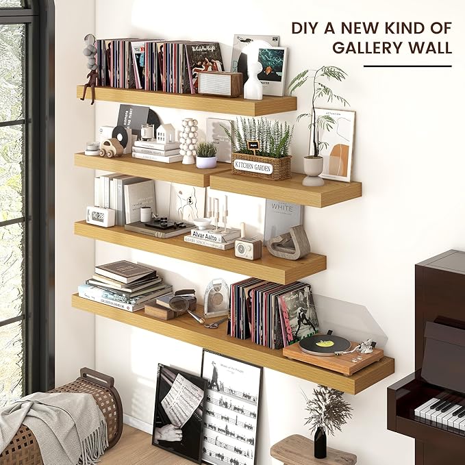 Floating Shelves for Wall, Large Wall Mounted Shelves with Invisible Brackets, Long Wood Floating Shelf for Living Room, Bedroom, Kitchen, Bathroom (Oak, 55" W x 9" D x 1.5" H)