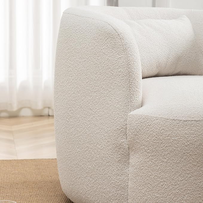 KINWELL 34" Wide Boucle Swivel Barrel Chair, No Assembly Round Upholstered Armchair Accent Chair Single Sofa Chair with Toss Pillow for Living Room and Bedroom, Beige