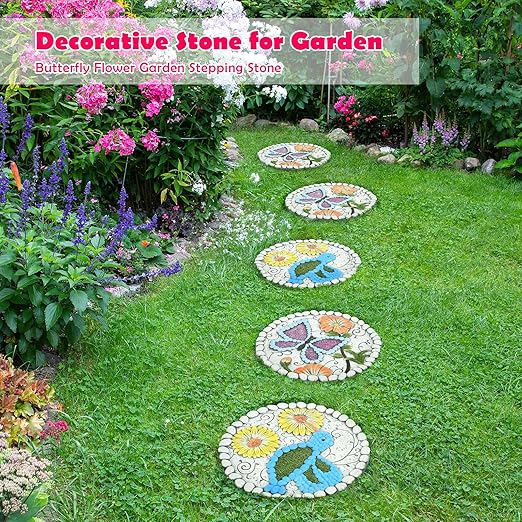 Garden Stepping Stones Set of 2 Butterfly Outdoor Garden Decor 10 inch Round Decorative Stones Pavers for Garden Walkway Landscaping, Hummingbird Gifts (N6-YYD334)