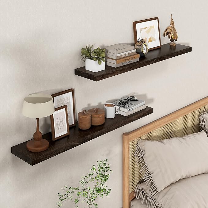Axeman Floating Shelves for Wall - 40''W x 8'' D Rustic Solid Elm Wood Shelves for Storage, Wall Mounted Display Shelving with Invisible Heavy-Duty Metal Bracket (Walnut, 2PCs)