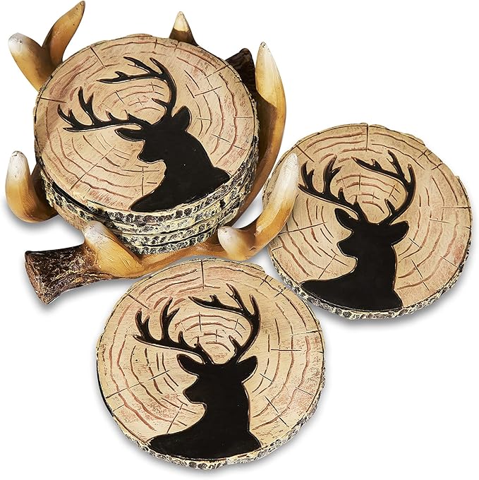 Deer Antlers Coaster Set of 6 – Handcrafted Deer Antler Decor and Man Cave Gifts for Men - 6 Full Size Deer Antlers Coasters for Man Cave Décor