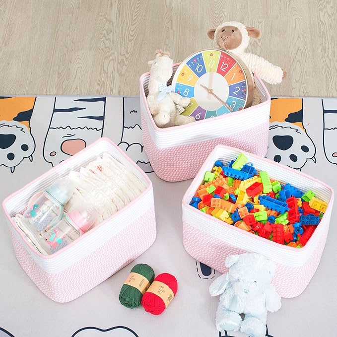 MINTWOOD Design 3-Pack Storage Baskets for Shelves, Decorative Baskets for Organizing, Woven Baskets for Storage, Book Basket, Cube Organizer, Cube Storage Bin Box, Closet Organizers, Light Pink