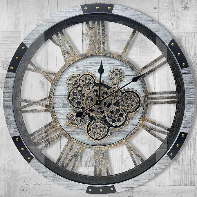 DORBOKER 27" Original Moving Gears Wall Clock, Large Industrial Wall Clock for Living Room Decor, Retro Metal Solid Wood Vintage Farmhouse Steampunk Rustic Clocks for Wall Decor,Silver Grey