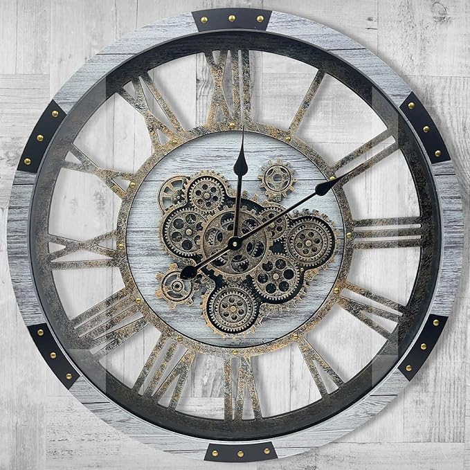 DORBOKER 24" Large Wall Clock with Moving Gears,Oversize Vintage Industrial Rustic Farmhouse Clocks for Living Room Decor Office Home,Solid Wood HD Tempered Glass Cover,Silver Grey