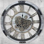 DORBOKER 24" Large Wall Clock with Moving Gears,Oversize Vintage Industrial Rustic Farmhouse Clocks for Living Room Decor Office Home,Solid Wood HD Tempered Glass Cover,Silver Grey