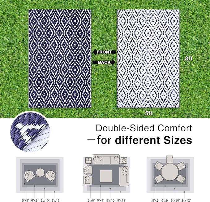 OLANLY Outdoor Rug 5x8 ft Waterproof, Outdoor Plastic Straw Rug with Geometric Pattern Clearance, Reversible RV Mat for Patio, Camping, Balcony, Deck, Backyard, Navy & White