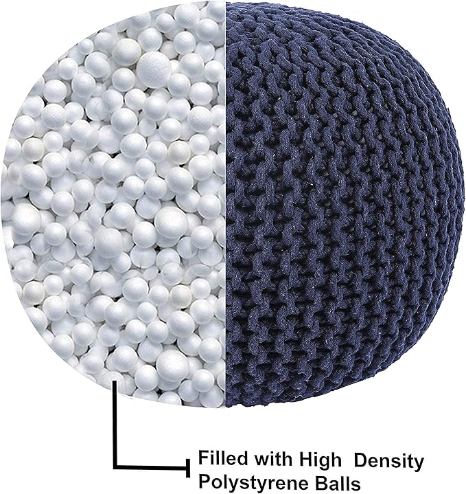 REDEARTH Round Pouf Foot Stool Bean Bag Ottoman - Cable Knitted Cord Boho Pouffe - Poof Accent Bean Bag - Handmade by Artisans for Living Room - Bedroom (19.5"x19.5"x14") - Navy Blue