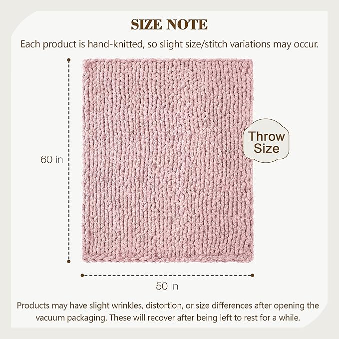 Carriediosa Chunky Knit Throw Blanket 50" X 60", 100% Hand Made Large Chenille Loop Yarn Soft Fluffy Throws for Couch Sofa Bed, Big Crochet Cozy Heavy Thick Cable Woven Blankets, Dusty Pink