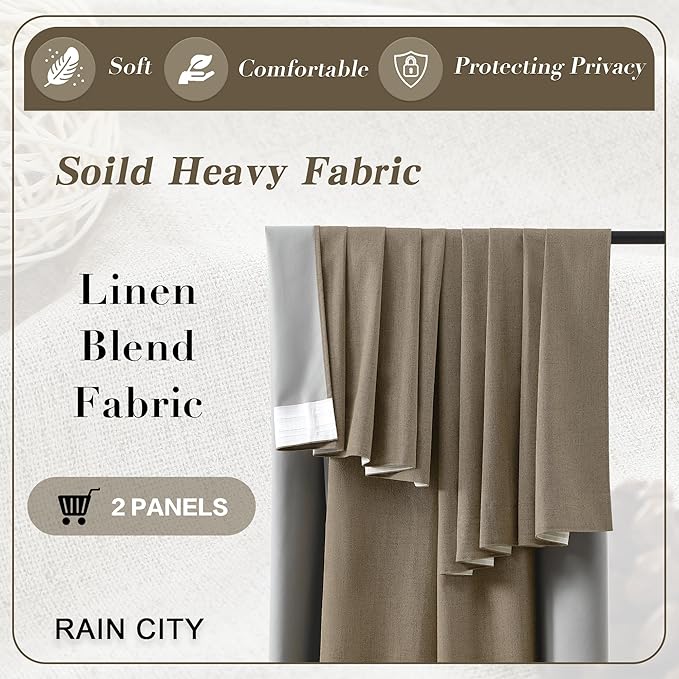 RAIN CITY 130 Inch Long Blackout Curtains 2 Panels Set,Linen Blend Pleated Look Hidden Tab Drapes with Hooks Easy Slide Privacy High Living Room Curtains for High Ceiling Long Window 50x130
