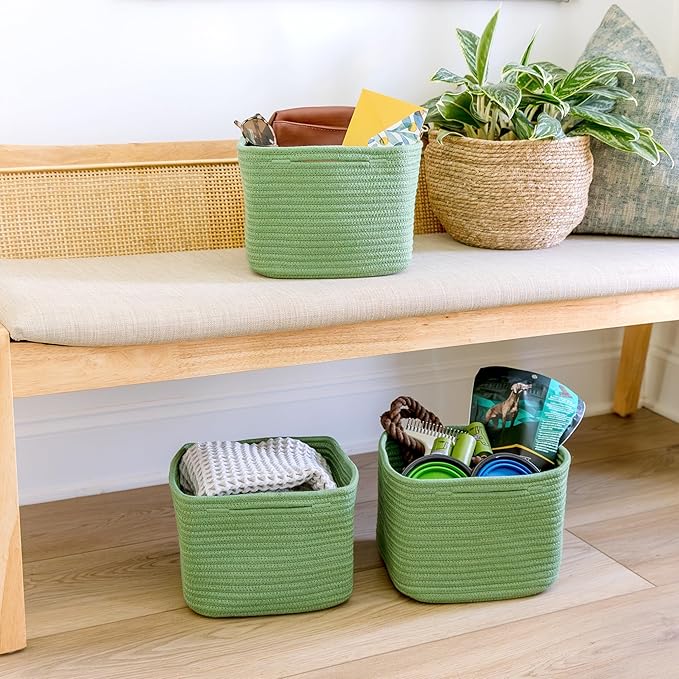 NaturalCozy Storage Cubes 9”x9”x7”Cotton Rope Woven Baskets for Organizing 3-Pack | 9 Inch Cube Storage Bin | Small Basket for Shelf Nursery, Pantry, Decorative Plant, Bathroom Closet, Toy Gift