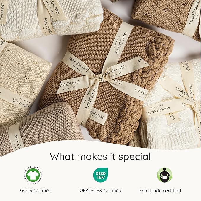 MakeMake Organics Organic Throw Blanket GOTS Certified Organic Cotton Blanket Chunky Knit Super Soft Cozy Fall Winter Large Adults Throw Blanket (50x60, Vanilla)