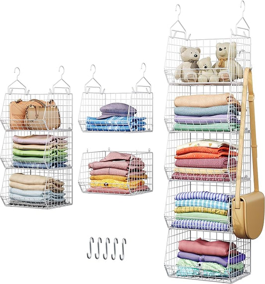 5 Tier Closet Hanging Organizer, Clothes Hanging Shelves with 4 Hanging Hooks 5 S Hooks, Wire Storage Basket Bins, for Clothing Sweaters Shoes Handbags Clutches Accessories Patent Design-White
