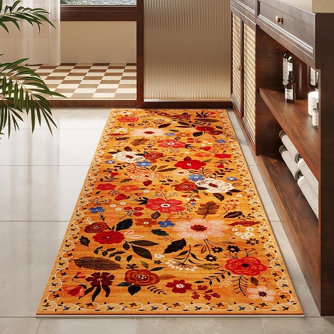 Runner Rug for Hallways Kitchen Rug Non Slip 2'6''x8' Washable Runner Rugs with Rubber Backing Soft Floral Carpet Runner for Hallways, Kitchen, Laundry, Bedroom, Bathroom(Yellow)