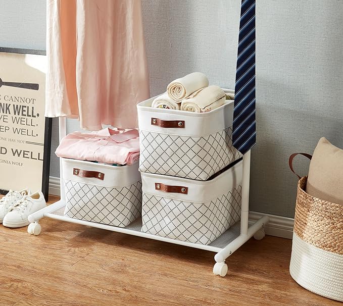 DECOMOMO White Storage Bins Fabric Storage Baskets for Shelves, Linen Closet Organization Toys Nursery (White Check, Large - 3 Pack)