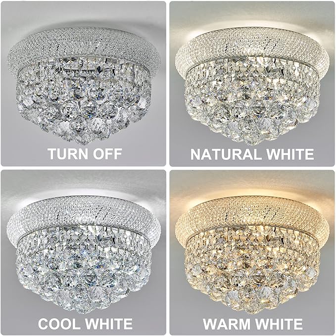 Crystal Flush Mount Chandelier Ceiling Light Fixture for Living Room Dining Room Bedroom Foyer Entryway Hallway Closet Bathroom (Chrome, 9" H x14 D)
