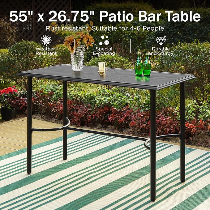 PHI VILLA Outdoor Patio Bar Table for 4-6, Counter Height Rectangle Bar Table with All Weather Metal Steel Frame Black for Outside, Yard, Garden and Deck