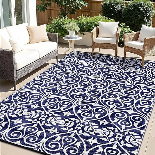 OLANLY Outdoor Rug Waterproof 9x12 ft Clearance, Reversible Outdoor Plastic Straw Rug with Floral Pattern, RV Mat for Patio, Camping, Balcony, Deck, Backyard, Navy & White
