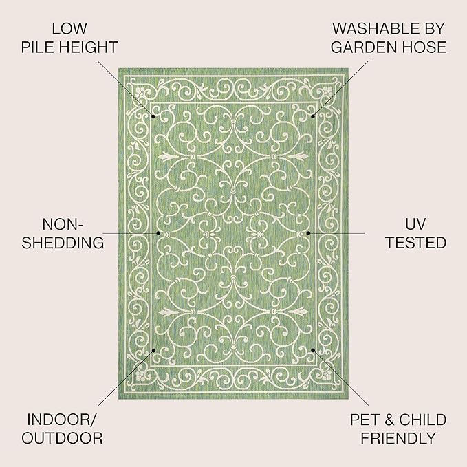 JONATHAN Y Vintage Filigree Indoor Outdoor Round Area Rug 5 Ft Green/Ivory, Charleston Textured Weave for Backyard, Patio, Porch, Easy-Cleaning, High Traffic, Pet-Friendly, Non-Shedding (SMB106K-5R)