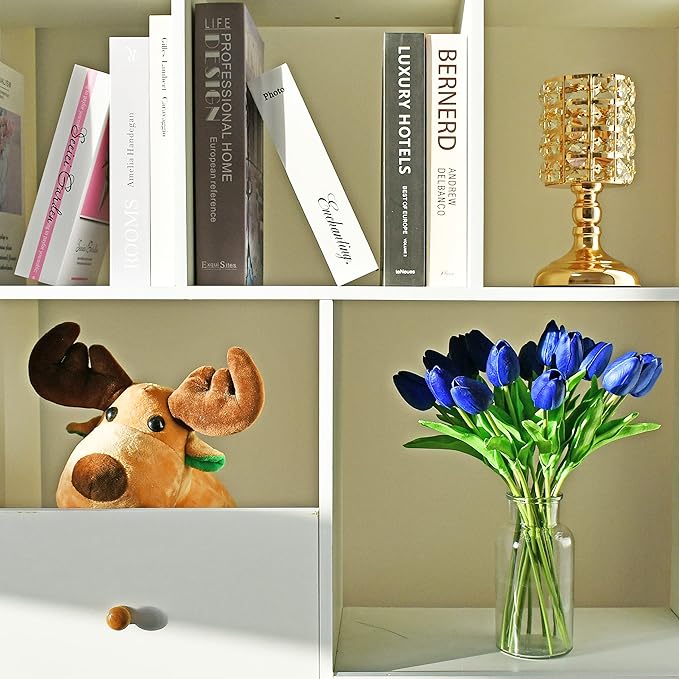 Mandy's Artificial Tulips 20 Stems Royal Blue PU Faux Flowers for Wedding Home Decor 13.5 Inch