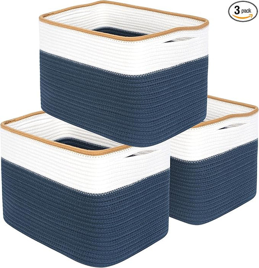 MINTWOOD Design 3-Pack Storage Baskets for Shelves, Playroom and Classroom Storage Basket, Book Basket, Decorative Storage Cube Bins, Woven Closet Organizers, Pantry and Shoe Organizer, Prussian Blue