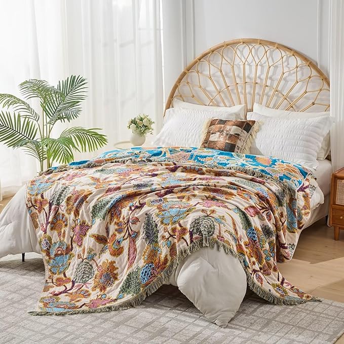 100% Cotton Summer Boho Throw Blanket, King Size Living Room Reversible Blanket, Boho Floral Bird Colorful Retro Quilt Ultra Soft Reversible Gauze Blanket for All Season, 90"x98"
