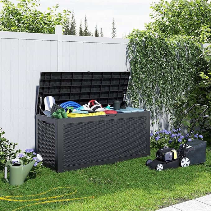 100 Gallon Resin Deck Box, Lockable Patio Outdoor Storage Box for Furniture, Garden Tools and Tools Storage, Waterproof Outside Storage Boxes - Black