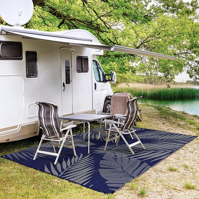 GENIMO Outdoor Rug 9' x 12' Waterproof for Patios Clearance, Reversible Outdoor Plastic Straw Camping Rug Carpet, Large Area Rugs Mats for RV, Camper, Deck, Balcony, Porch, Beach, Navy Blue&Grey