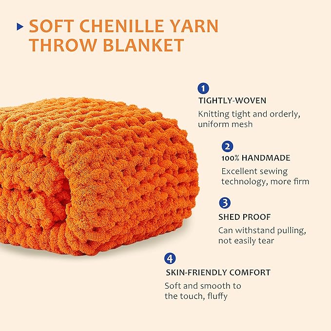 L'AGRATY Chunky Knit Blanket Throw: 30''x40'' Chenille Thick Knitted Throw for Bed & Couch - Handmade Large Crochet Rope Blanket - Orange