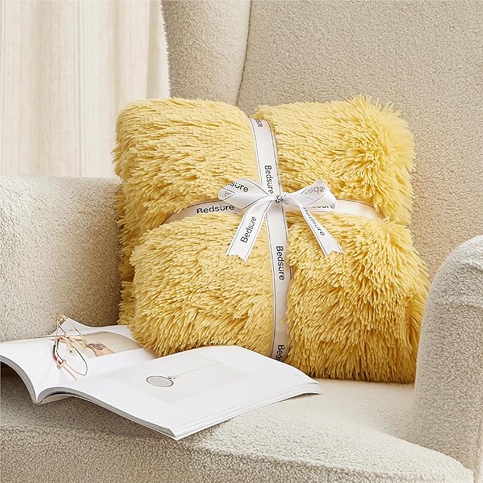 Bedsure GentleSoft Fluffy Yellow Throw Blanket, Room Decor Yellow Gifts for Women Men, Soft Cozy Fuzzy Plush Thick Warm Sherpa Fleece Faux Fur Throw Blanket for Couch Bed, Gifts for Mom Dad, 50x60