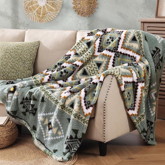 CASAAGUSTO Boho Sherpa Throw Blanket, Aztec Queen Blanket, Ultra Soft, Warm, Cozy, Plush, Thick Fleece Bohemian Throw Blanket for Couch, Bed, Sofa (Olive Green 90 * 90 Inch)