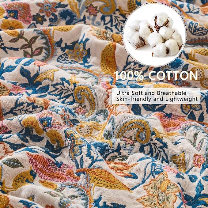 Fall Boho Throw Blanket for Bed, Muslin Reversible Blanket Washable Breathable,100% Cotton Lightweight 4-Layer King Size Throw Blanket for Bed,90"x98"