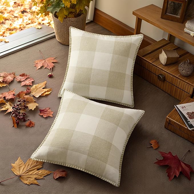 decorUhome Buffalo Plaid Check Fall Throw Pillow Covers 24x24 Set of 2, Outdoor Decorative Farmhouse Pillow Covers with Stitched Edge for Bed Couch Sofa, Cream White and Beige