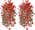 INSPRING Artificial Faux Outdoor Outside Flowers Plants, 2 PCS Fake Silk UV Resistant Look Real Red Daisy Trailing Vines for Front Door Porch Planter Urn Patio Balcony Decoration