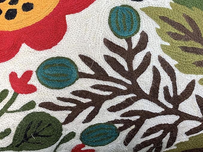 Lumbar Cream Suzani Cushions - Boho Floral Throw Pillows | Outdoor Pillows & Chair Cushions - Hand Embroidered Wool Size - 14x20
