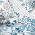 Coastal Bedding Queen Size Coastal Quilt with 2 Shams, Nautical Beach Comforter Sets Ocean Bedspreads Blue Seahorse Coverlet Summer Bedding, 90''x96''