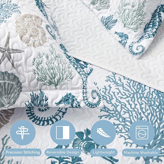 Coastal Bedding Queen Size Coastal Quilt with 2 Shams, Nautical Beach Comforter Sets Ocean Bedspreads Blue Seahorse Coverlet Summer Bedding, 90''x96''