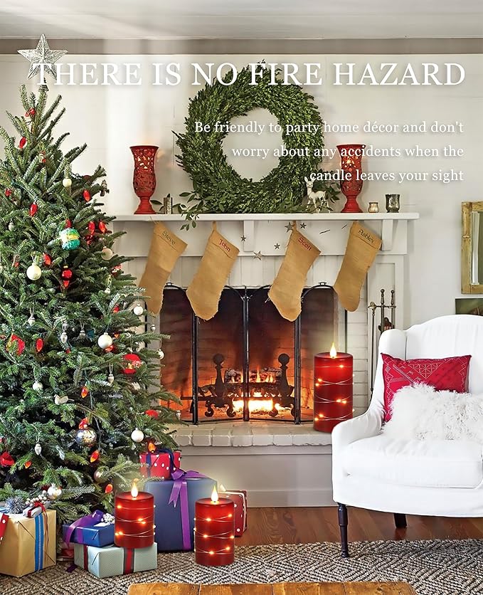 Red flameless Candles with Remote Control Timer Battery Operated LED Pillar Candles 4‘’ 5‘’ 6‘’ Fake Candles with String Lights Set of 3 for Christmas or Special Festivals Decorations