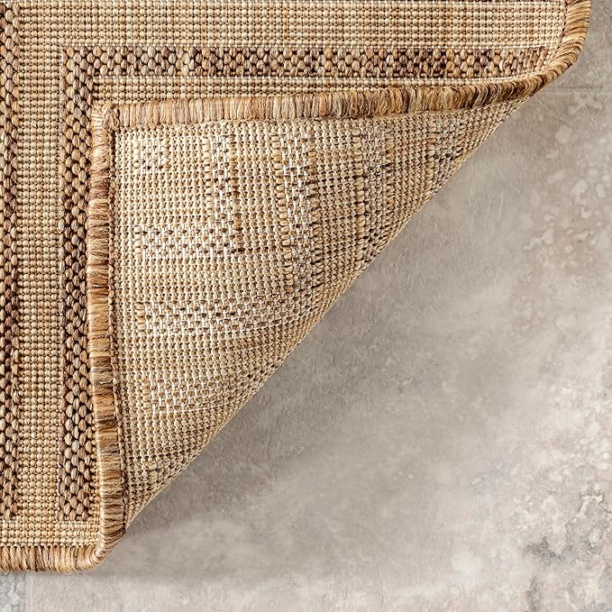 nuLOOM 6' 7" x 9' Outdoor Area Rug, Casual Design With Striped Border, Stain Resistant, Highly Durable, For Patio, Balcony, Bedroom, Living Room, Dining Room, Bathroom, Light Brown