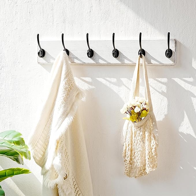Dseap Coat Rack Wall: 24" Long, Patented, Heavy-Duty, 6-Double-Hooks Wooden Wall Mounted Coat Rack Coat Hanger Hook Rail for Winter Coats Hat Jacket Clothing, White & Black