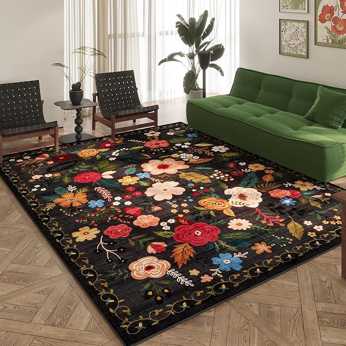 Living Room Rug 6x9 Rug Machine Washable Boho Area Rug Non Slip Floral Vintage Low Pile Large Rug for Living Room, Bedroom, Farmhouse, Dining Room, Kids Playroom(Black)
