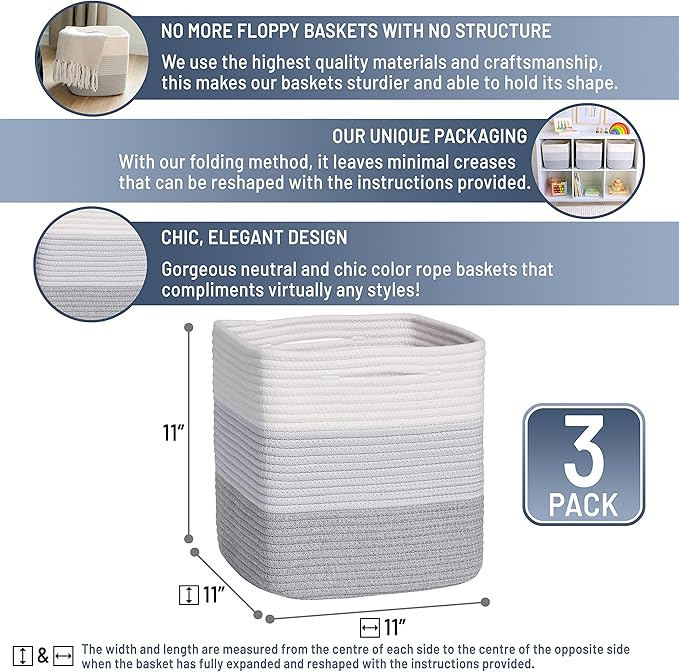 NaturalCozy Storage Cubes 11 Inch Cotton Rope Woven Baskets for Organizing, 3-Pack | Cube Storage Bin | Square Storage Baskets for Shelves Organizer, Classroom, Kids Toy Bins, Closet, Baby Nursery