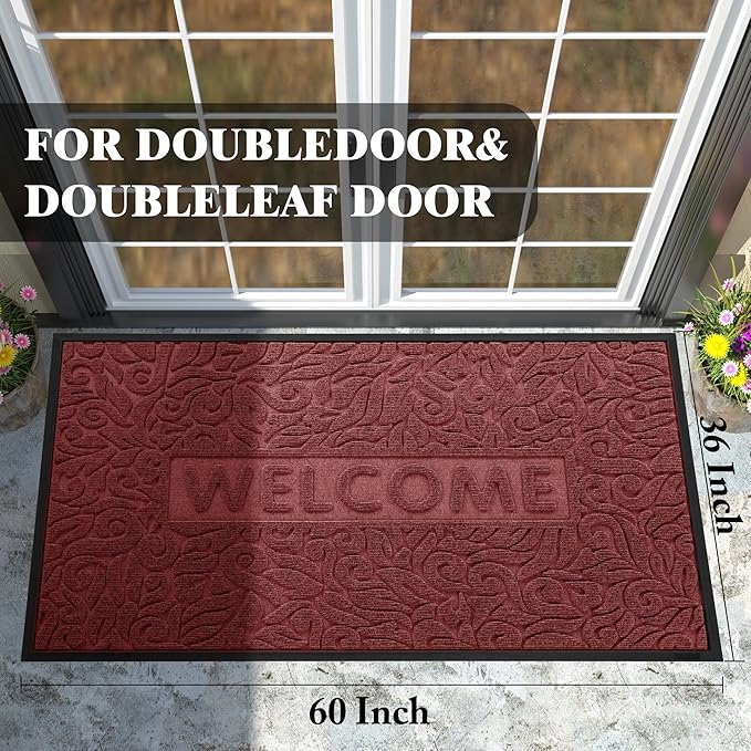 Yimobra Welcome Front Door Mat Outdoor, Heavy Duty Sturdy Non Slip Doormats, Rubber Backing, Low-Profile Entrance Rugs, Absorbent Resist Dirt, Easy Clean Patio Garage Floor Mats, 60X36 Inch, Wine Red